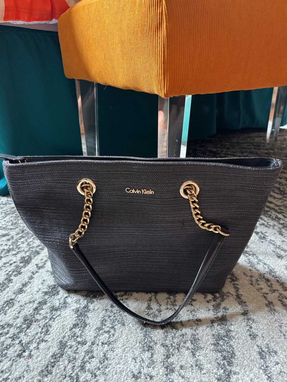 Calvin Klein Black Tote with Gold Chain Detail